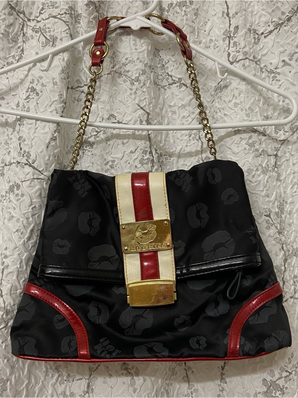 Hot Kiss Black Shoulder Bag with Red and Cream Stripe & Gold Hardware